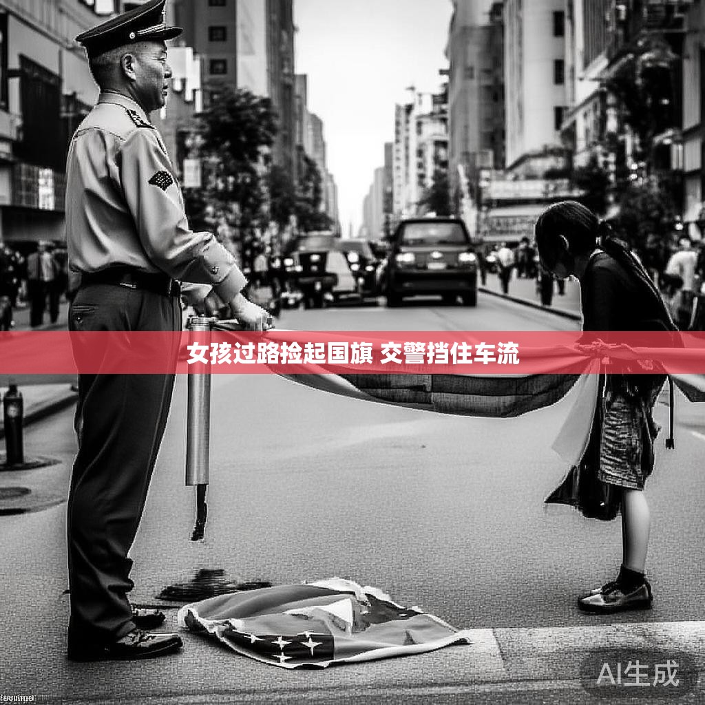 女孩路遇国旗的温馨瞬间 女孩捡起飘落国旗 交警守护安全